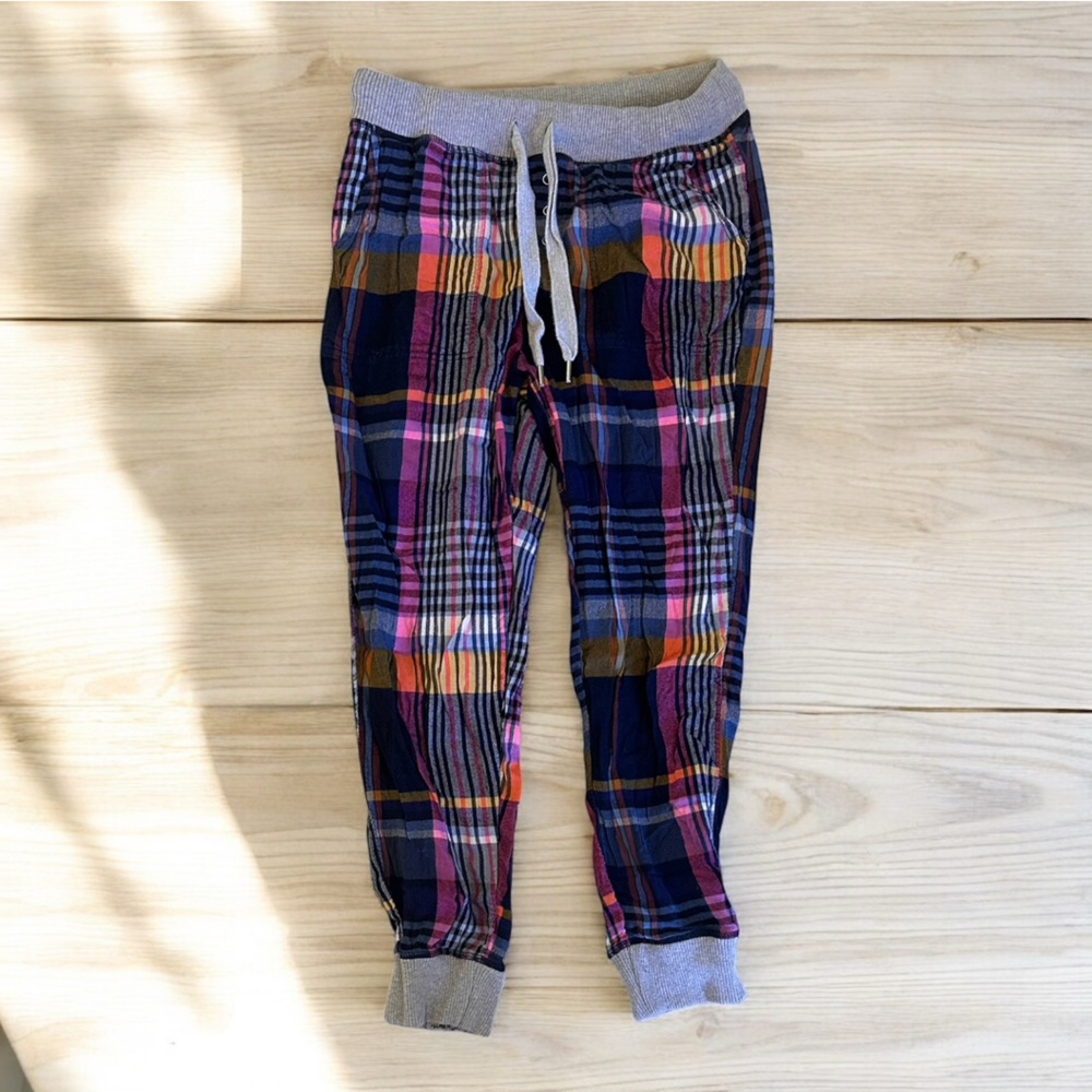 Aerie Plaid Lounge Pajama Pants Pink Navy Blue Grey Waistband Cuffs Women’s‎ S